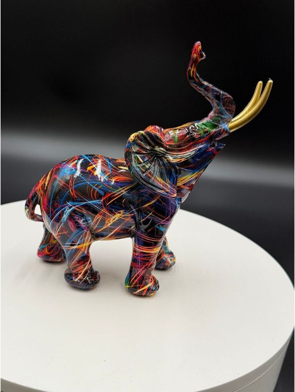 Modern Graffiti Art Resin Elephant Statue Colorful Pop Art Figurine Gold Tusks